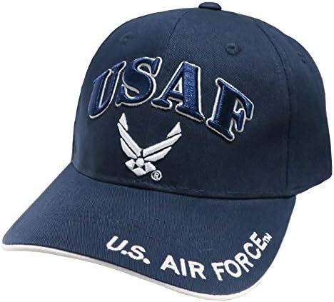 US Armed Forces Embroidered Military Baseball Cap Hat (USAF Text &amp; Wing Navy Blue)