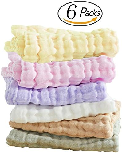 Baby Washcloths and Towels 100% Muslin Natural Organic Reusable Cotton Baby Face Wipes,Chemical Free,6 Pack 12"x12" Extra Soft and Absorbent for Sensitive Baby Skin Gift Sets