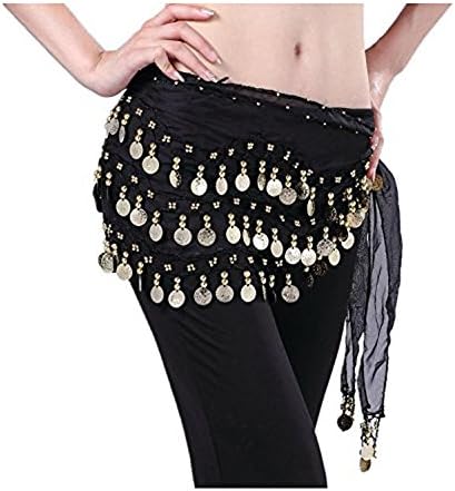 Kooyu Women Chiffon Belly Dancing Hip Scarf Wrap Belt Dangling 3 Rows Gold Coins