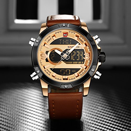 Tonnier Genuine Leather Band Analog Digital LED Dual Time Display Mens Watch, Brown&Gold