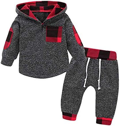 AW Toddler Baby Boys Girls Plaid Pocket Print Flower Sweatshirt Hooded Coat Jackets Stretchy Tops Pants Set