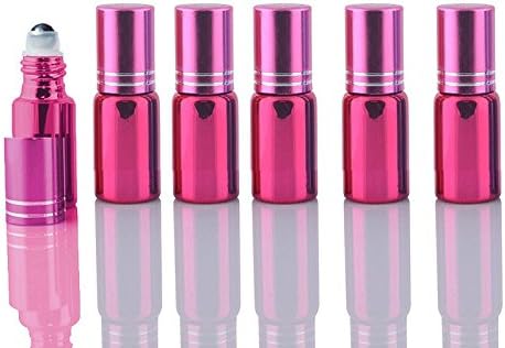 10 Sets Colored 5ml UV Coated Glass Roller Ball Refillable Rollon Bottles Grand Parfums with Stainless Steel Rollers for Essential Oil, Serums, Fragrance (Pink)