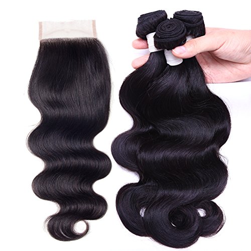 Flady Hair Brazilian Virgin Hair 3 Bundles with Closure Unprocessed 100% Human Hair Bundles with Lace Closure Brazilian Body Wave (14 16 18+12inch free part closure)