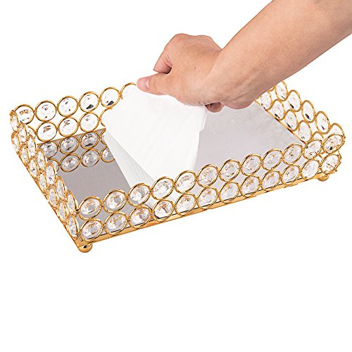 Feyarl Crystal Beads Cosmetic Tray Rectangle Jewelry Organizer Tray Mirrored Decorative Tray (Gold)