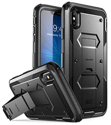 i-Blason Case for iPhone Xs Max 2018 Release, [Built in Screen Protector][Armorbox] Full Body Heavy Duty Protection Kickstand Shock Reduction Case (Black), 6.5"
