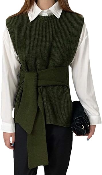 Amazon Cn本舗 ニットベストレディース トップス クルーネック ウェストリボンベスト サイド大きいスリット 無地 大人 おしゃれ 普段 通勤 ベスト 通販