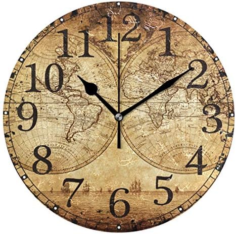 Wall Clock Earth Vintage Map Brown Round Acrylic Clock Black Large Numbers Silent Non-Ticking 9.45" Clock Decorative Retro Battery Operated Clock for Home School Hotel Library