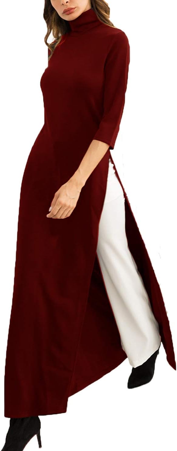 Women's Bodycon Robe Side Slit Turtleneck Maxi Dress Long 3/4 Sleeve Tunic Jupe