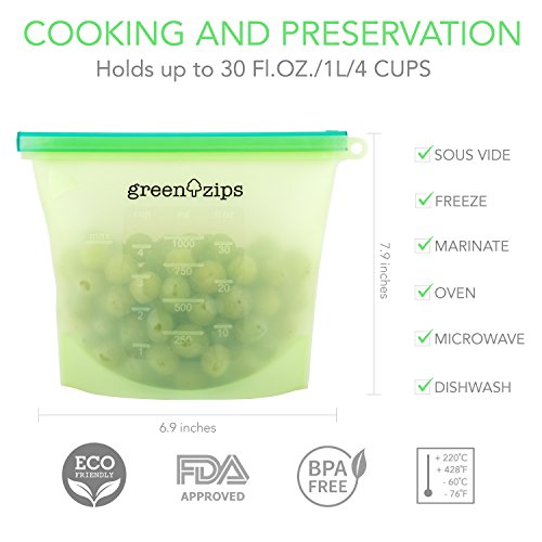 Reusable Silicone Food Storage Bags Set of 4 + Scrubber Sponge - Airtight Preservation Seal Bag For Cooking Snack Sandwich Container Sous Vide Steam Boil Microwave Freezer Dishwasher Safe by GreenZips