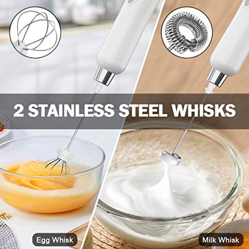 CAVN Rechargeable Milk Frother Handheld Electric Coffee Frother, 1500 mAh Battery Drink Egg Mixer with 2 Stainless Steel Whisks for Cappuccino Bulletproof Coffee Frappe Latte Hot Chocolates (White)