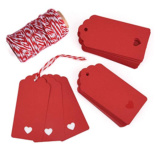 Zealor 100 Pieces Red Kraft Paper Gift Tags with String for Valentine