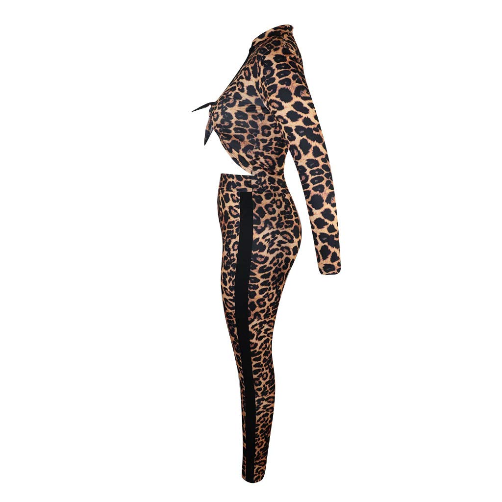 Two Piece Outfits for Women Clubwear - Sexy Leopard Print Long Sleeve Crop Top and Bodycon Pants Set Jumpsuit