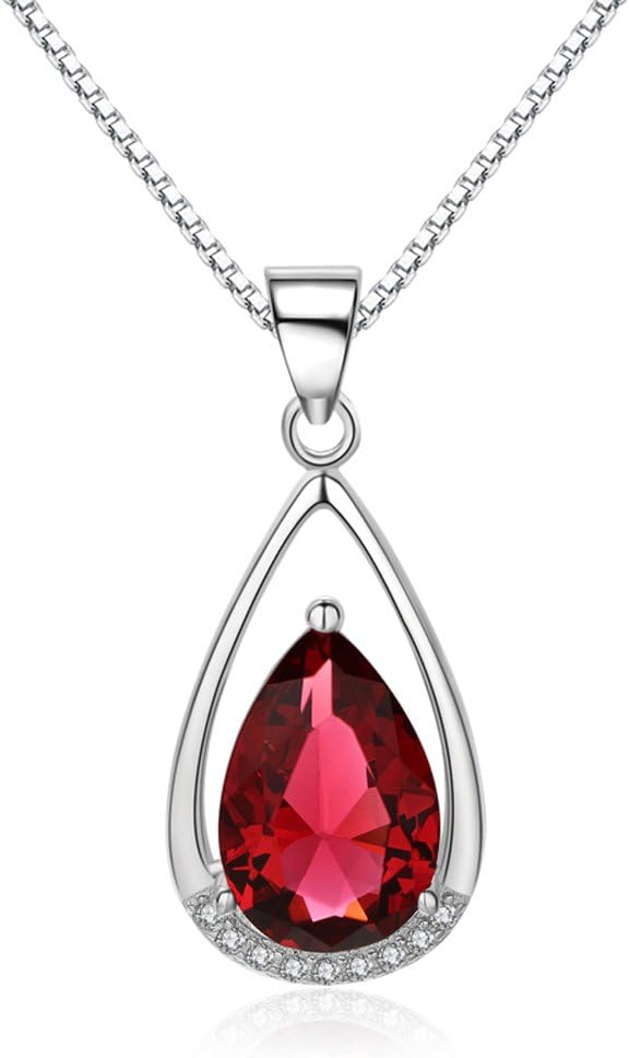Jazlyn White Gold Plated 925 Sterling Silver Red Crystal Tear Drop Sparkling Cubic Zirconia Pendant Centered Necklace for Women Girlfriend
