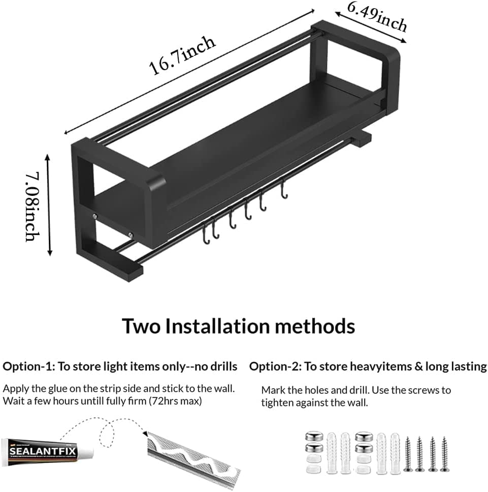 ivaxdayuqan Spice Rack Wall Mount, Spice Rack Organizer, Kitchen Cabinet Wall Shelf for Spice Jars and Seasonings Organizer, Black Shower Shelves with 6 Hooks Metal Guardrail Towel Rack Holder