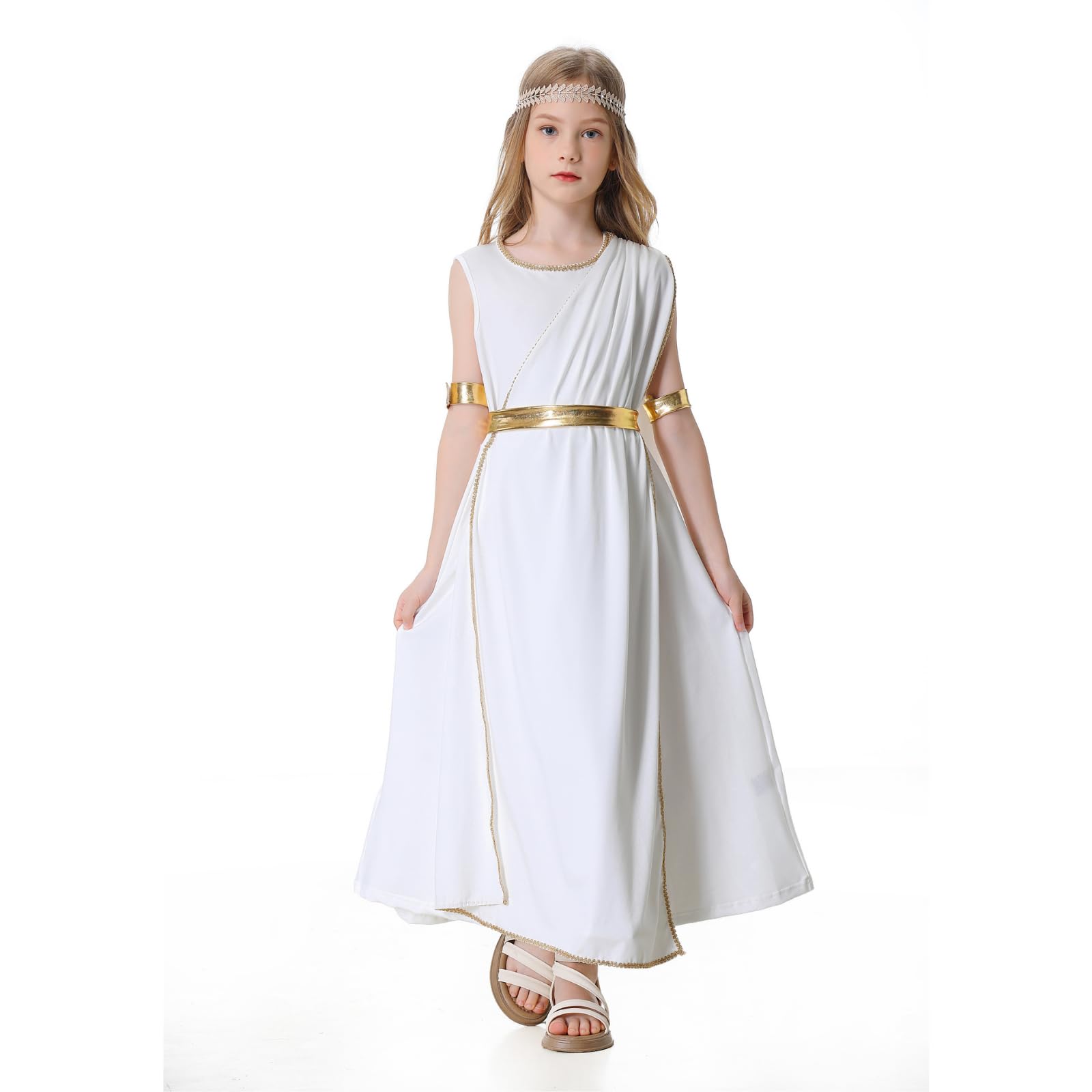 HAPNBCELE Kids Greek Costume Girls White Toga Dress 4PCS with Accessories Halloween Roman Princess Outfits Cosplay 2XL