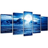 Pyradecor Blue Clouds Canvas Prints Wall Art Moon Sea Beach Pictures Paintings Ready to Hang for Living Room Bedroom Home Decor Modern 5 Piece Stretched Landscape Artwork