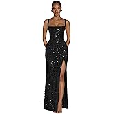 Toreque Sequin Prom Dress for Women Sparkly Mermaid Long Backless Formal Evening Party Gown with Slit