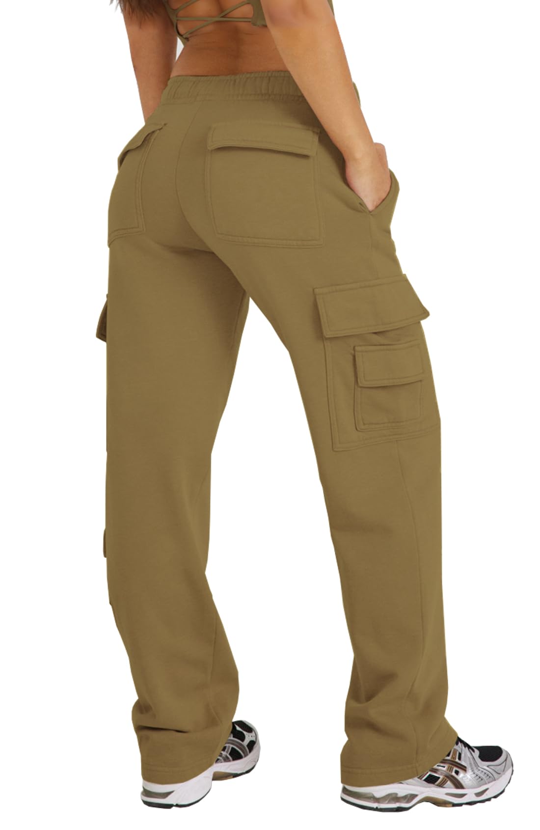 Photo 1 of Waitfairy Wide Leg Sweatpants Women Cargo Pants Fleeece High Waisted Baggy Sweatpants for Women Casual Pants with 8 Pockets Camel Khaki S