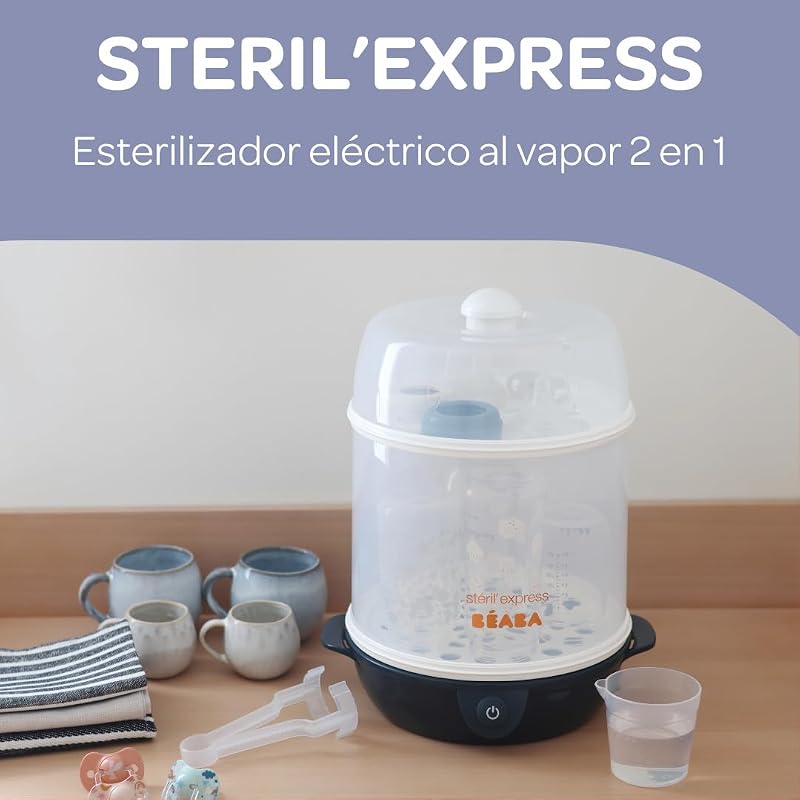 , Esterilizador de biberones 2 en 1, Evolutivo, Vapor eléctrico, 2 en 1, 2 compartimentos, hasta 8 biberones y accesorios, Ultra rápido, Temporizador, Steril'Express, Azul noche