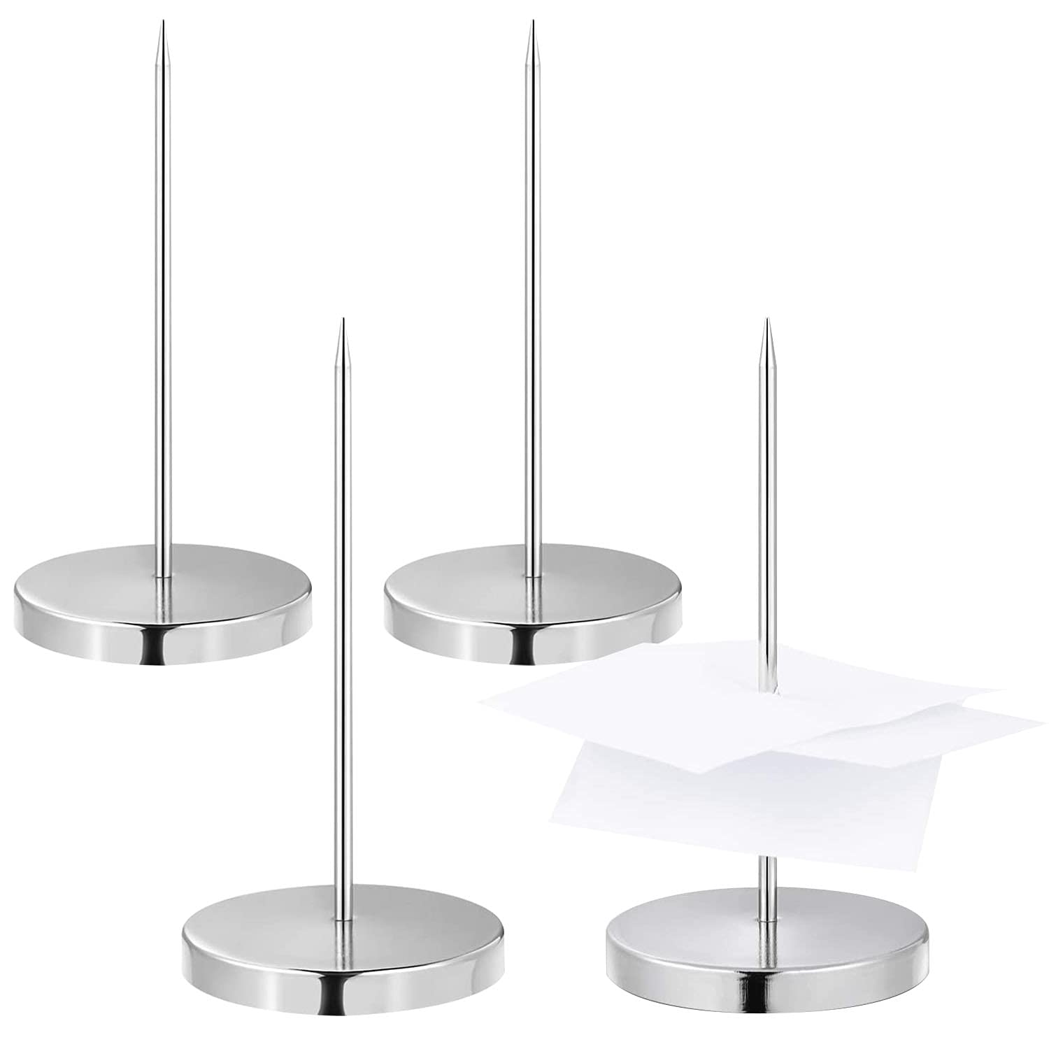 TSHAOUN 4 Pcs Paper Memo Holder, Receipt Spike Paper Spike Receipt Bill Ticket Note Memo Spike with Round Base, Metal Straight Rod Receipt Holder for Restaurant Kitchen Hotel Office (Silver)