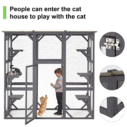 Ecoleben Large Cat House catio Outdoor cat Enclosure with Large Enter Door, Wooden Walk in Cat