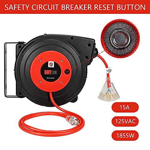 EP Retractable Extension Cord Reel,50 Feet 14 AWG/3C SJTOW Heavy Duty