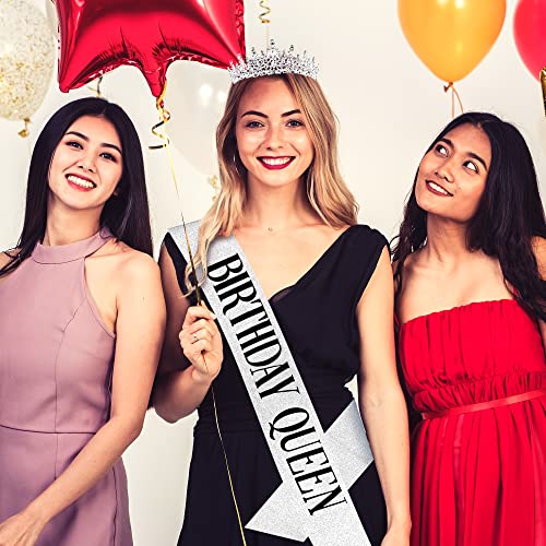Birthday Crown for Women Happy Birthday Queen Sash Crystal Birthday Tiara Crowns for Girls Rhinestones Headband Gift Party Birthday Decoration Set (Silver) Summer