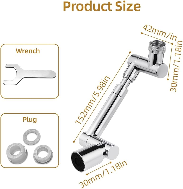 Rubinetto girevole a 1440 gradi, rubinetto di prolunga per rubinetto multifunzionale, con 2 adattatori regolabili, prolunga per rubinetto per bagno e cucina — foto 4 di 7