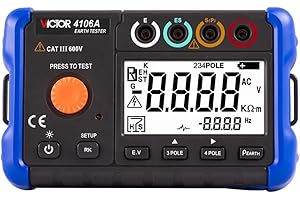GuliTech Victor/RuoShui 4106A Digital Ground Earth Resistance Meter 20/200/2000Ω, Earth Resistance Measurement, Soil Resistivity, True RMS AC Voltage Measure Backlight LCD Display (Victor 4106A)