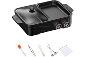 Electric Grill Indoor Hot Pot with Glass Lid & Removable Non-Stick Grill Plate,Separate Dual Temperature Contral, for 2-8 Peo