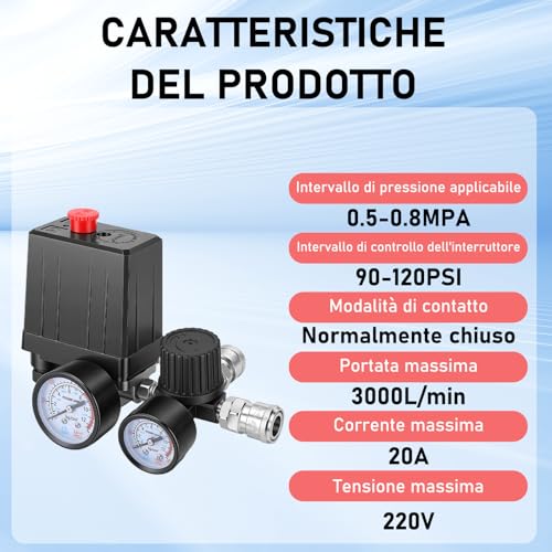 220V Air Compressor Pressure Switch, 4 Holes Compressor Control Valve with Safety Valve and Pressure Gauge, Quick Response, Precise Adjustment for Workshop or Factory