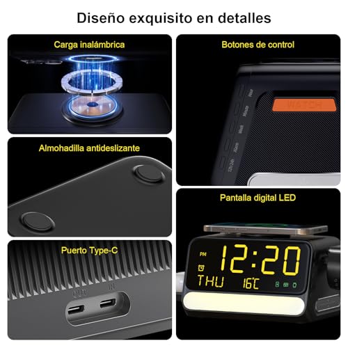 Soporter Cargador Inalámbrico 7 en 1 con Reloj y Luz Nocturna, Estación de Carga Rápida 33W para iPhone 17/16/15/14/13/12, Apple Watch, AirPods y Samsung S26 S25 Ultra Watch