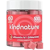 kindnature Vitamin B1 Gummies 500mg – High Potency Thiamine Supplement for Energy, Focus & Nervous System – Vegan, Non-GMO Chewable B1 Vitamins for Adults & Kids – Natural Strawberry Flavor – 60 Ct