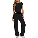 Darong Women's 2 Piece Set Outfits Ribbed Lounge Sets Ruched Short Sleeve Tops Drawstring Waist Wide Leg Pants Airport Sets