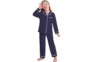 Veseacky Unisex Girls Boys Pajamas Long Sleeve Sleepwear Button-Down 2 Pcs Pjs Set for 5-14 Years