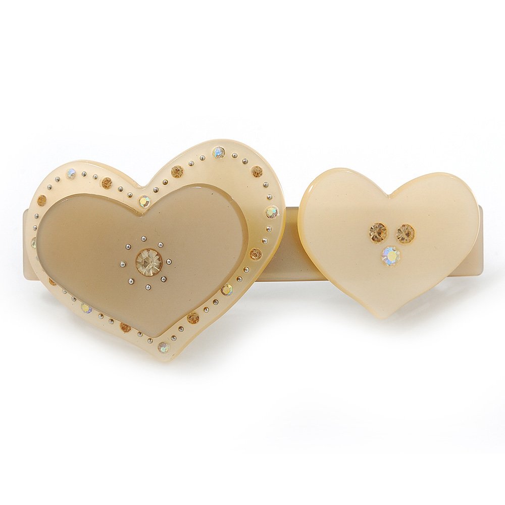 Sand Coloured Crystal 'Double Heart' Plastic Barrette Hair Clip Grip - 85mm Across