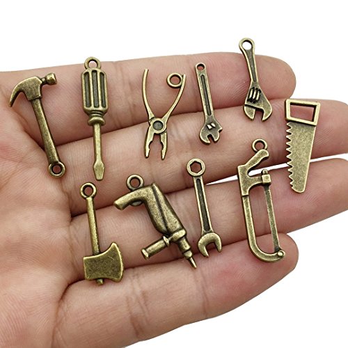 50 PCS Worker 3D Tool Charms Collection - Arm Saw Wrench Spanner Screw Driver Shovel Scoop Hammer Axe Ax Hatchet Chopper Hacksaw Drill Vise Pincer Pliers Metal Pendants (Bronze HM 68)