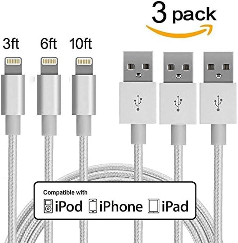 WEIPAI 3'/6'/10' (1M/2M/3M) Nylon Braided 8 Pin Charging Cables USB Charger Cord, Compatible with iPhone 7/7 Plus/6S/6S Plus/6/6 Plus/5/5S/5C/Se/iPad and iPod - Silver - 3 Piece