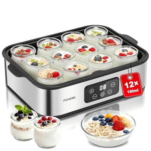 FOHERE Yoghurt Maker 25 W with 12 Glass Containers of 180 ml for up to 2.16 L Homemade Yogurt, Greek Yoghurt Machine with Temperature and Timer, LCD Display, Automatic Shut-Off, BPA-Free