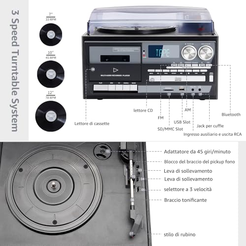 Modern Turntable with Built-in Speakers, 3 Speed Vinyl Player (33/45/78 RPM) for Home, Compact, Easy to Use and Ideal for Families and Music Lovers