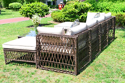 Outdoor Patio Furniture Rattan Sofa PE Wicker Sectional Sofa Set Beige Brown (5 pcs)