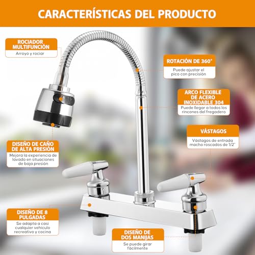 Mezcladora para Fregadero,Llaves para Fregadero de Cocina Flexible con Pulverizador de Modo Dual,Grifos para Cocina con 2 Asas para RV,Mezcladora para Cocina de Acero Inoxidable