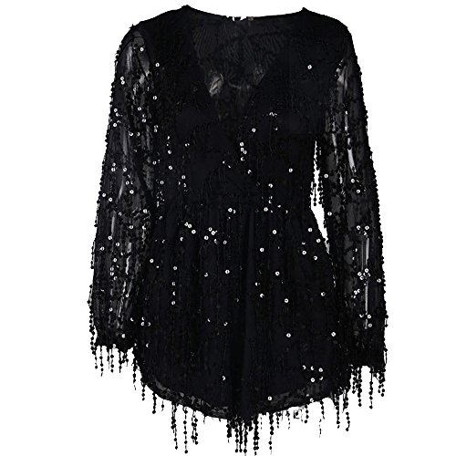 Missord Long Sleeve Slim Soft Lining Casual Jumpsuit Romper with Sequins Black X-Small - Thumbnail 3