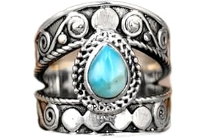 Gixaxak Boho Thumb Ring Jewelry Engraved Pattern Water Drop Type Turquoise Ring Natural Stone Wide Band Ring for Women Vintage S925 Sterling Silver Ring