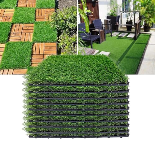 Dsocool Outdoor Artificial Grass Tiles Interlocking Turf Squares 10 Pack, 30×30cm Fake Grass Mat for Balcony Patio Deck Flooring Decor, Self-draining, 1 Square Meter