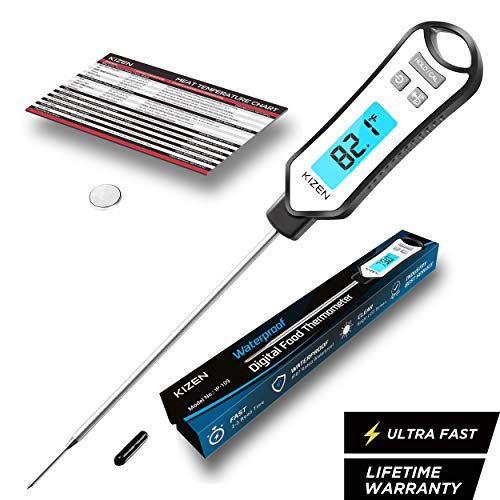 Kizen IP109 Waterproof Meat Thermometer with Long Probe Digital Instant Read Food Thermometer for Grilling Smoker BBQ Kitchen Cooking Candy Thermometer with Calibration (Black)
