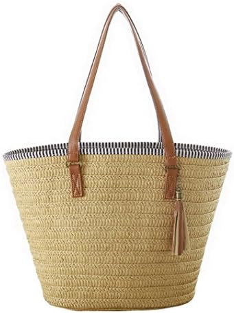 Evedaily Straw Tote Bag Tassel Pendant Striped Handbag Shopper Beach Bag