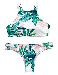 Seaselfie conjunto de bikini de cuello alto con estampado de bosques tropicales para dama