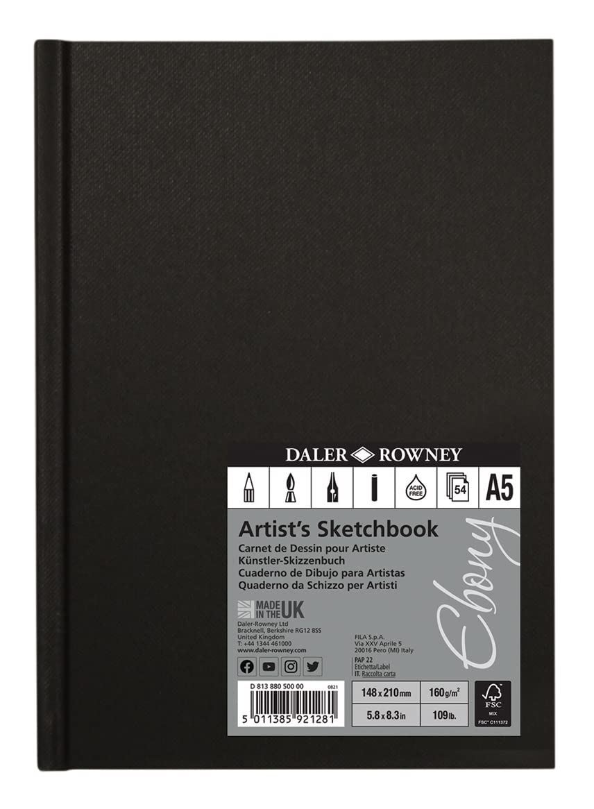 Daler-Rowney Ebony 160gsm A5 Smooth Portrait Hardbound Sketchbook, Casebound, 54 Natural White Sheets, For Professional Artists & Students