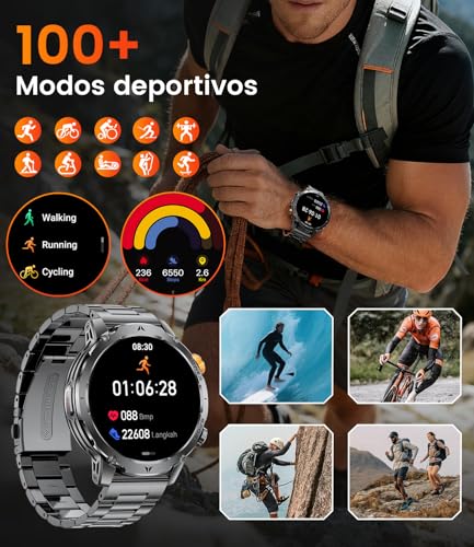 HIRREO EF24 Smartwatch Hombre-Linterna LED, Batería 1000mAh Larga Duración, Pantalla HD 1,85", 100 Modos Deportivos, IP68 Impermeable, Llamadas Bluetooth, 3 Correas, Compatible Android iOS, Negro